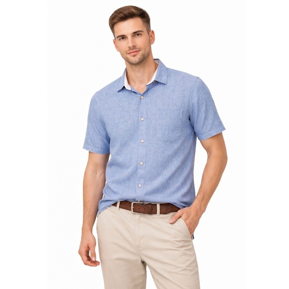 Bruno Positano Shirt‎ Men's M Blue Linen Blend Short Sleeve Button Up Casual